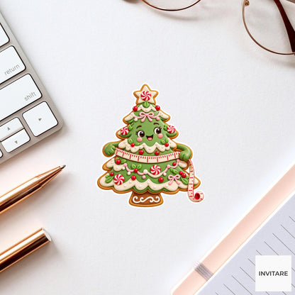 Tree cookie adjusting an icing measuring tape around its broad lower branches Vinyl Sticker