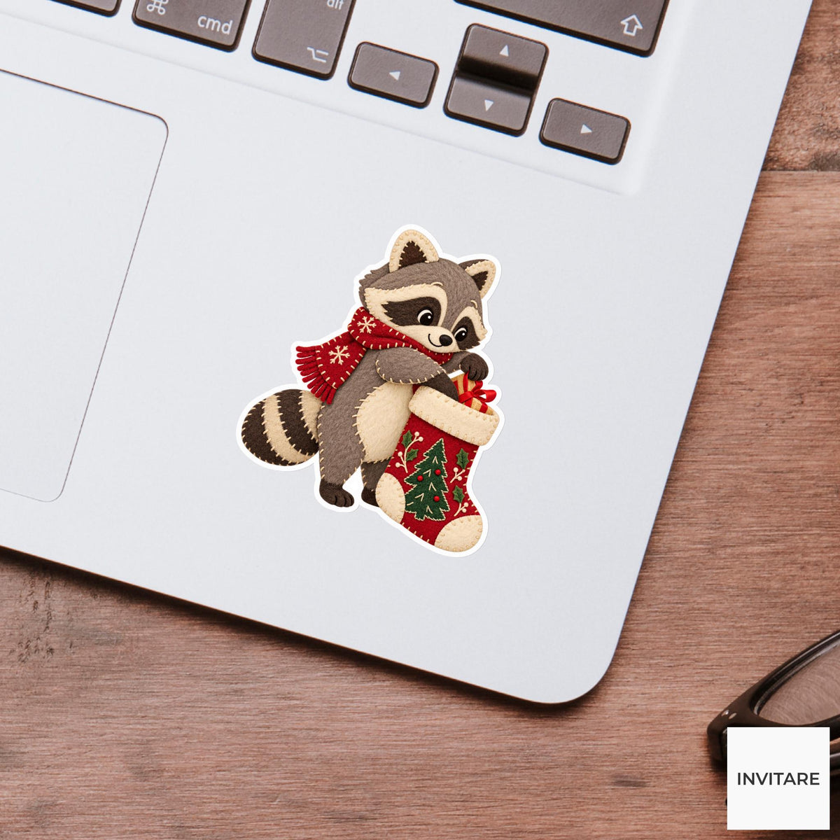 Raccoon reaching deep into the stocking to fish out a small gift ribbon Vinyl Sticker