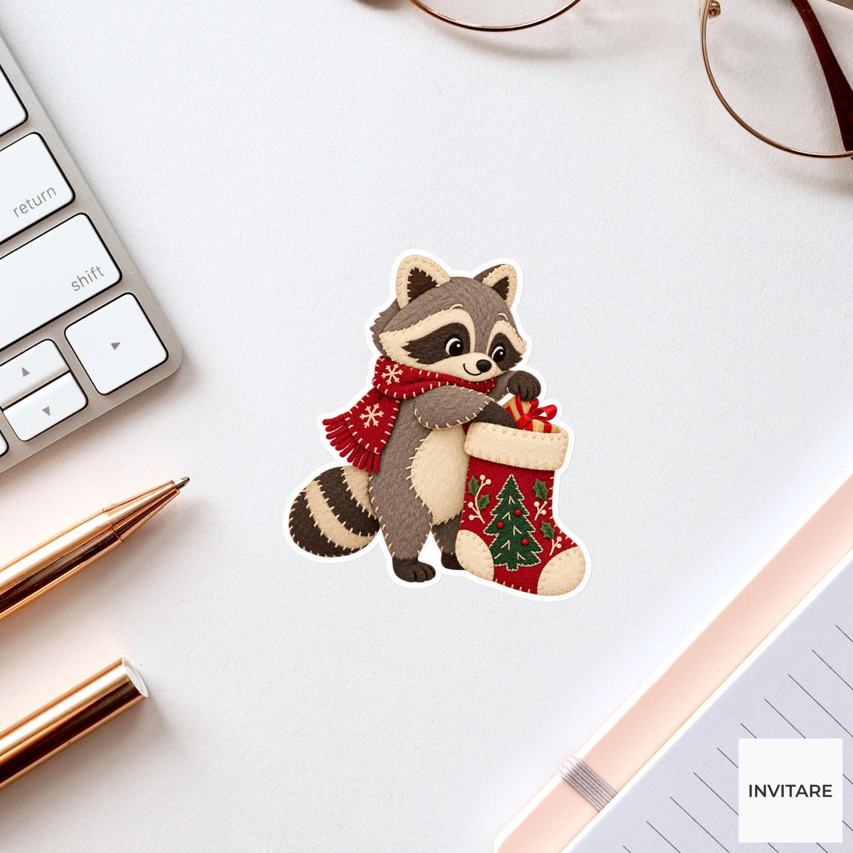 Raccoon reaching deep into the stocking to fish out a small gift ribbon Vinyl Sticker