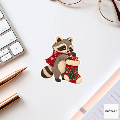Raccoon reaching deep into the stocking to fish out a small gift ribbon Vinyl Sticker
