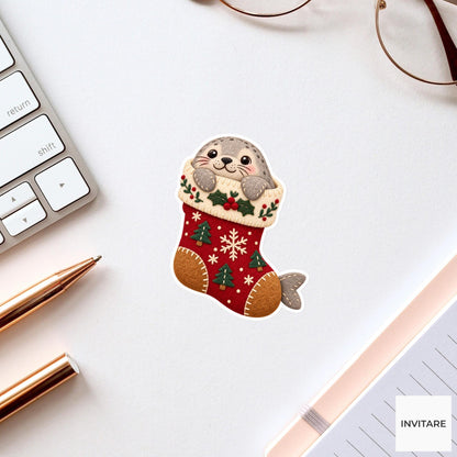 Seal wedging its round body into the stocking toe with its nose peeking through the cuff Vinyl Sticker