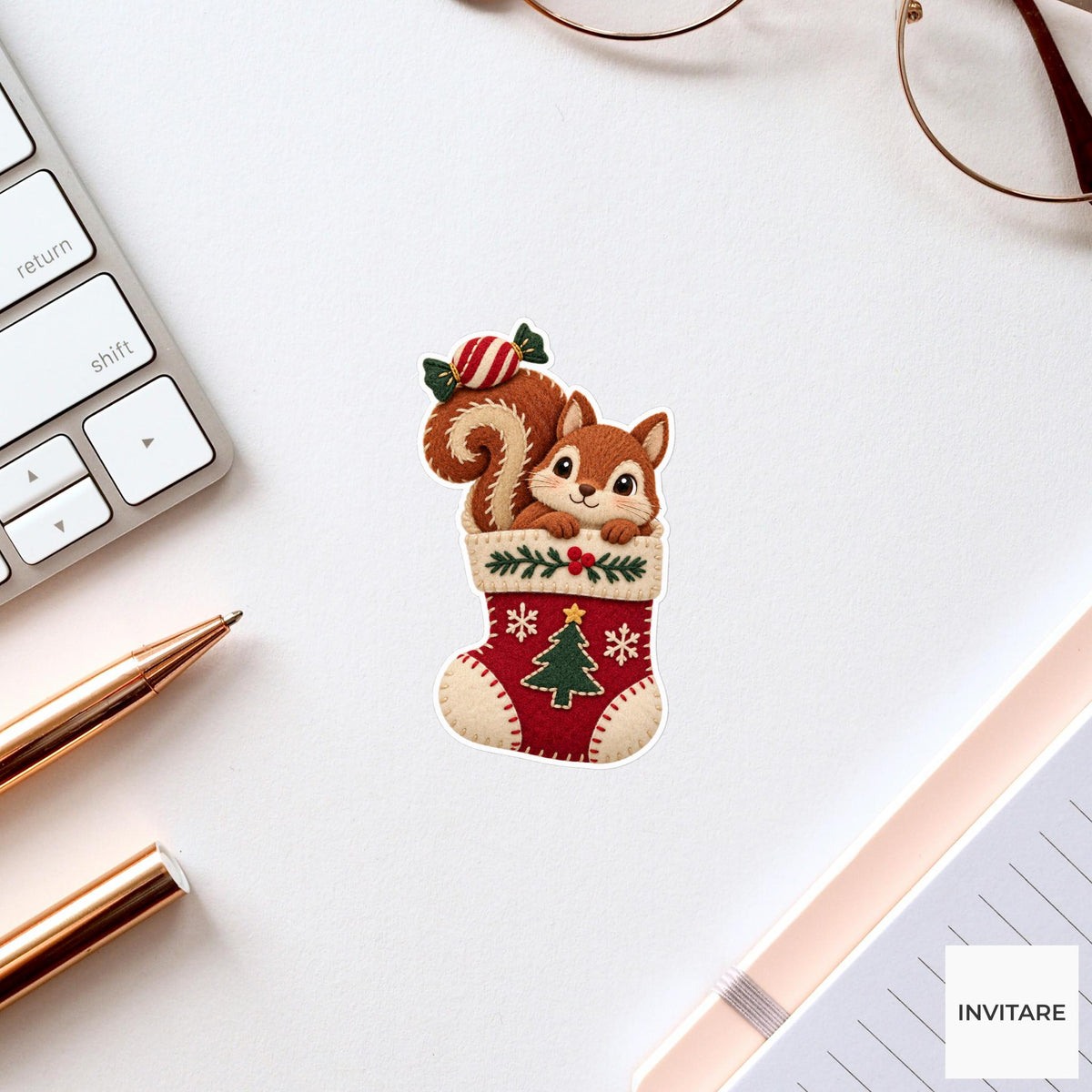 Squirrel hiding in a stocking with a wrapped sweet balanced on its curled tail Vinyl Sticker