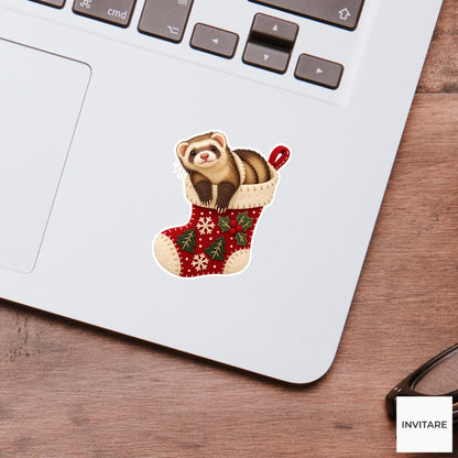 Ferret stretching halfway out of a stocking like a cozy scarf Vinyl Sticker
