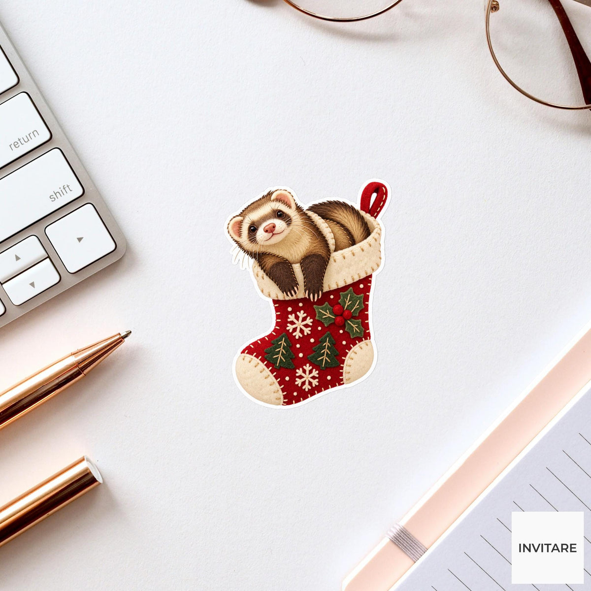 Ferret stretching halfway out of a stocking like a cozy scarf Vinyl Sticker