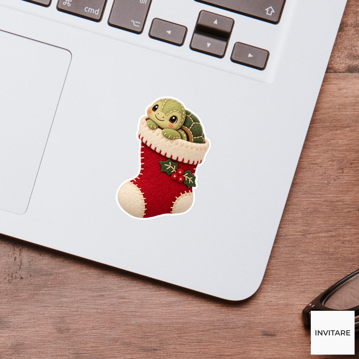 Turtle retreating into a stocking with only its head and felt shell visible above the cuff Vinyl Sticker