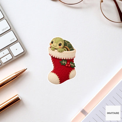 Turtle retreating into a stocking with only its head and felt shell visible above the cuff Vinyl Sticker