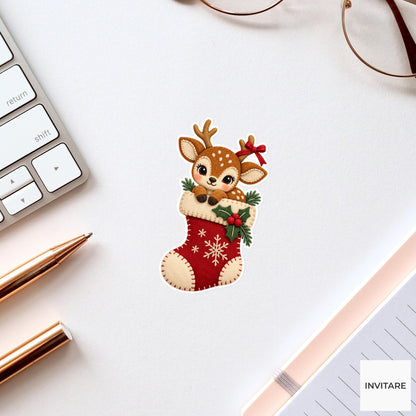 Deer peering out of a stocking with a tiny gift ribbon caught on one small antler Vinyl Sticker