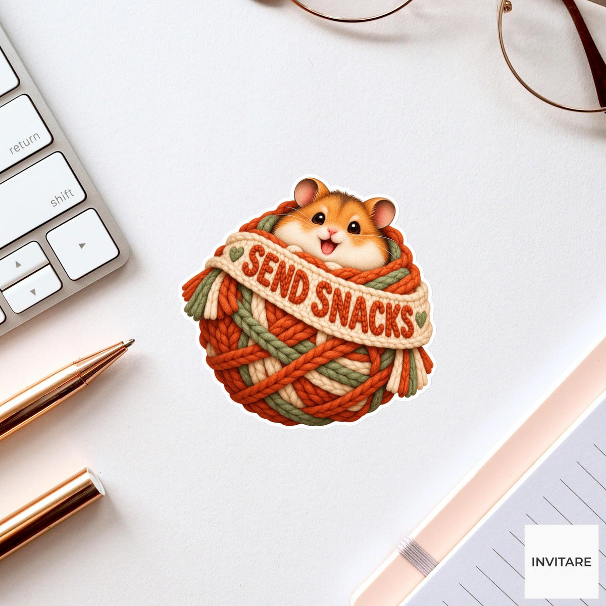 Hamster Cozy Yarn Vinyl Sticker, Send Snacks Cute Animal Illustration
