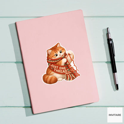 Cat Cozy Yarn Vinyl Sticker, Just One Thread Cute Animal Illustration