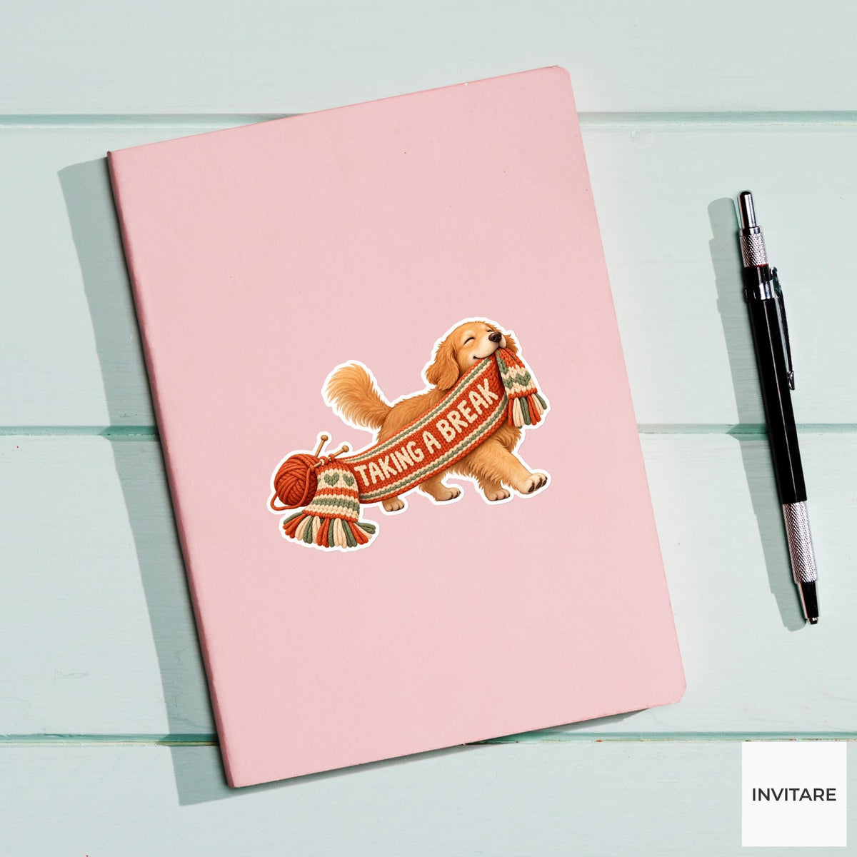 Dog Cozy Yarn Vinyl Sticker, Taking A Break Cute Animal Illustration
