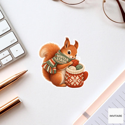 Squirrel Cozy Yarn Vinyl Sticker, Winter Stash Cute Animal Illustration