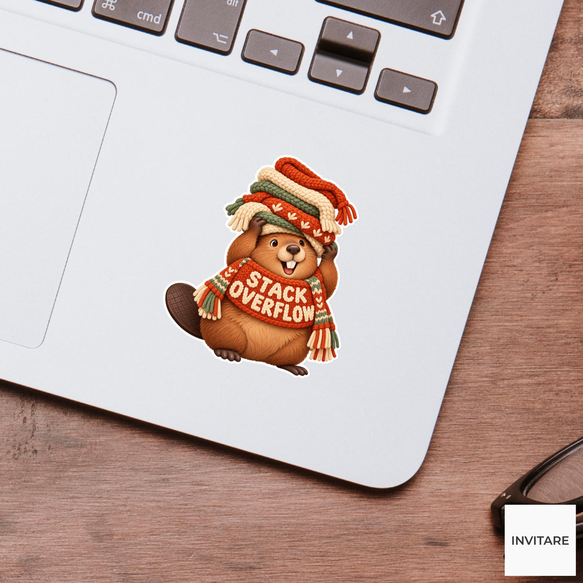 Beaver Cozy Yarn Vinyl Sticker, Stack Overflow Cute Animal Illustration