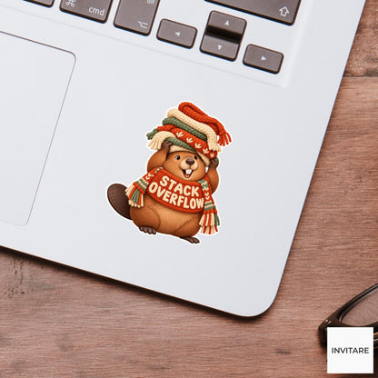 Beaver Cozy Yarn Vinyl Sticker, Stack Overflow Cute Animal Illustration