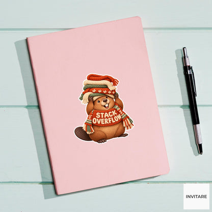 Beaver Cozy Yarn Vinyl Sticker, Stack Overflow Cute Animal Illustration