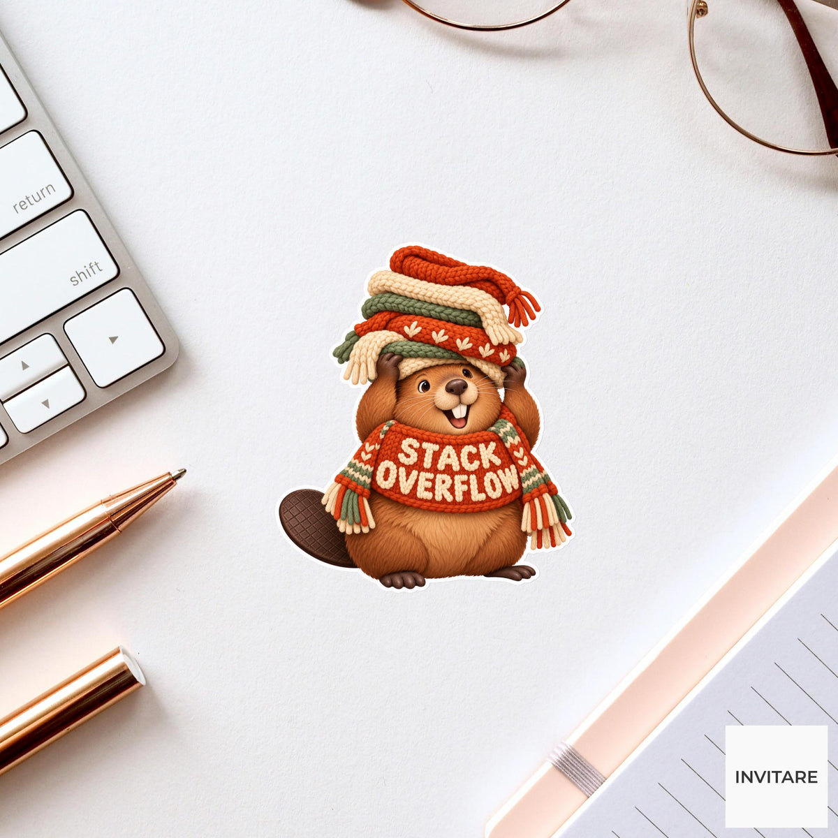 Beaver Cozy Yarn Vinyl Sticker, Stack Overflow Cute Animal Illustration