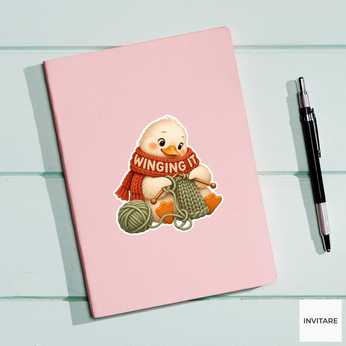 Duck Cozy Yarn Vinyl Sticker, Winging It Cute Animal Illustration