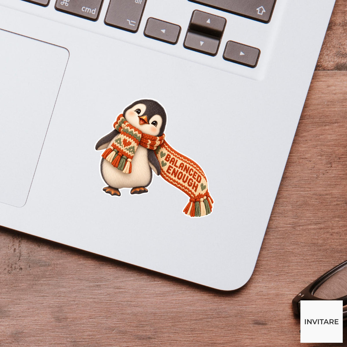 Penguin Cozy Yarn Vinyl Sticker, Balanced Enough Cute Animal Illustration