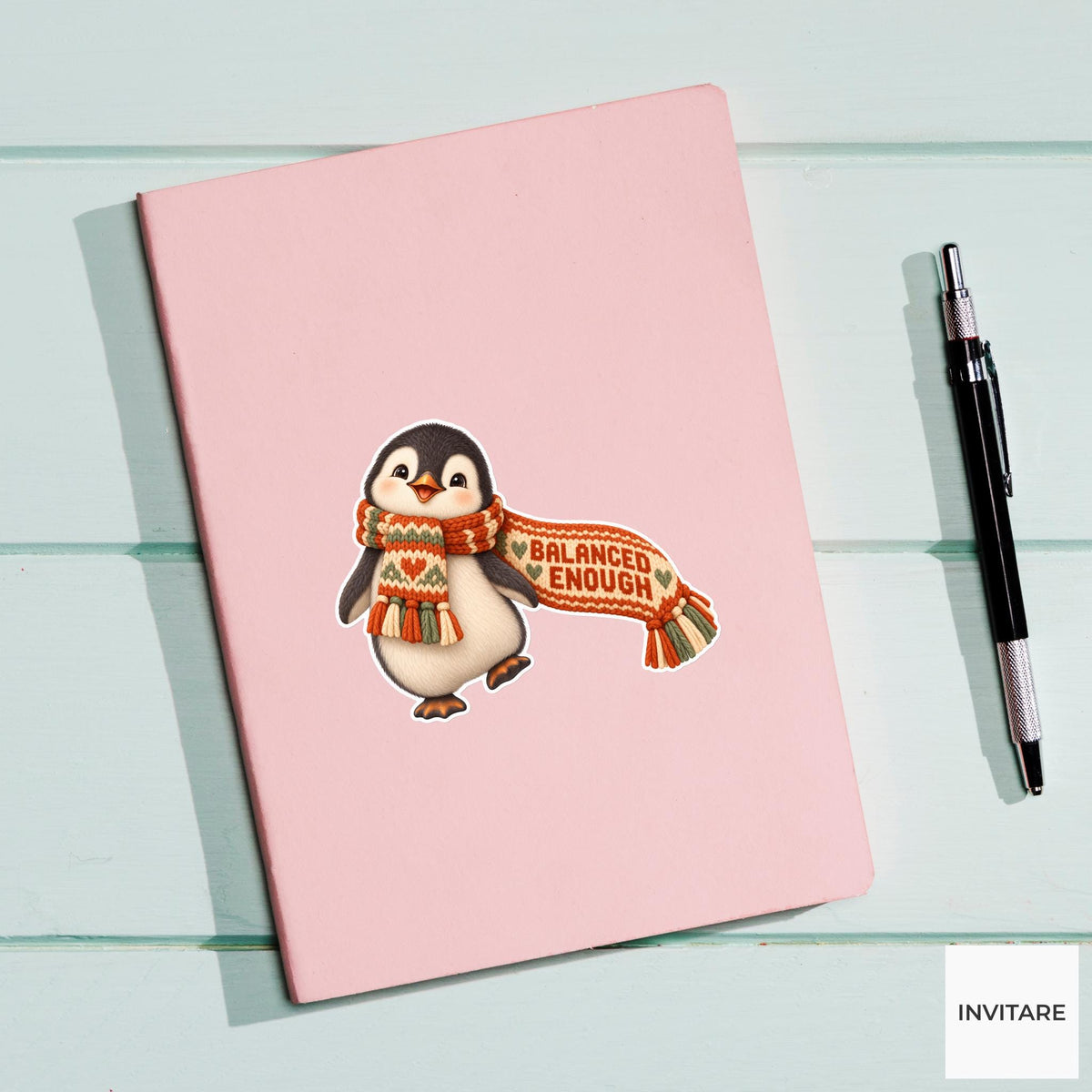 Penguin Cozy Yarn Vinyl Sticker, Balanced Enough Cute Animal Illustration