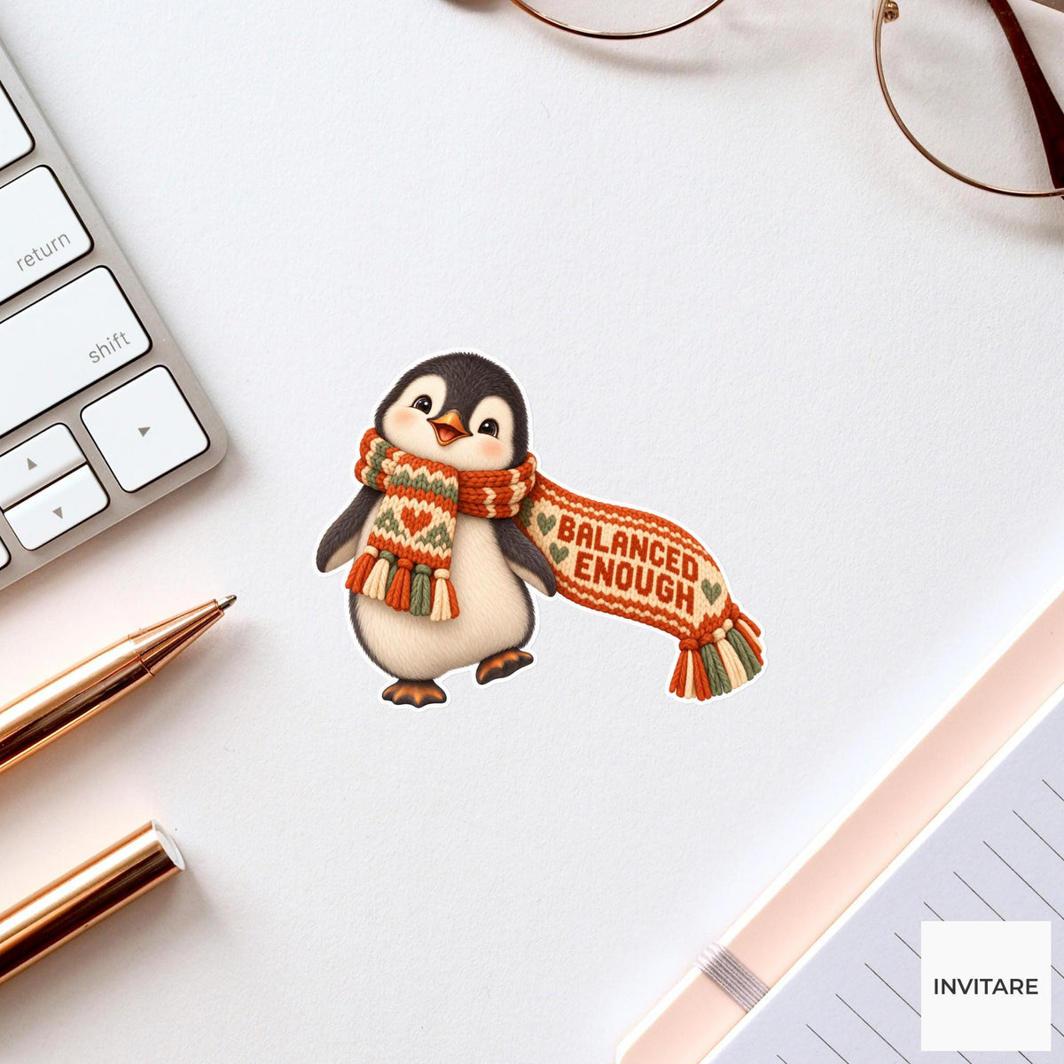 Penguin Cozy Yarn Vinyl Sticker, Balanced Enough Cute Animal Illustration