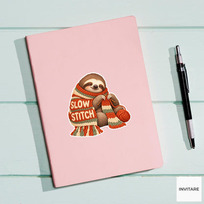 Sloth Cozy Yarn Vinyl Sticker, Slow Stitch Cute Animal Illustration