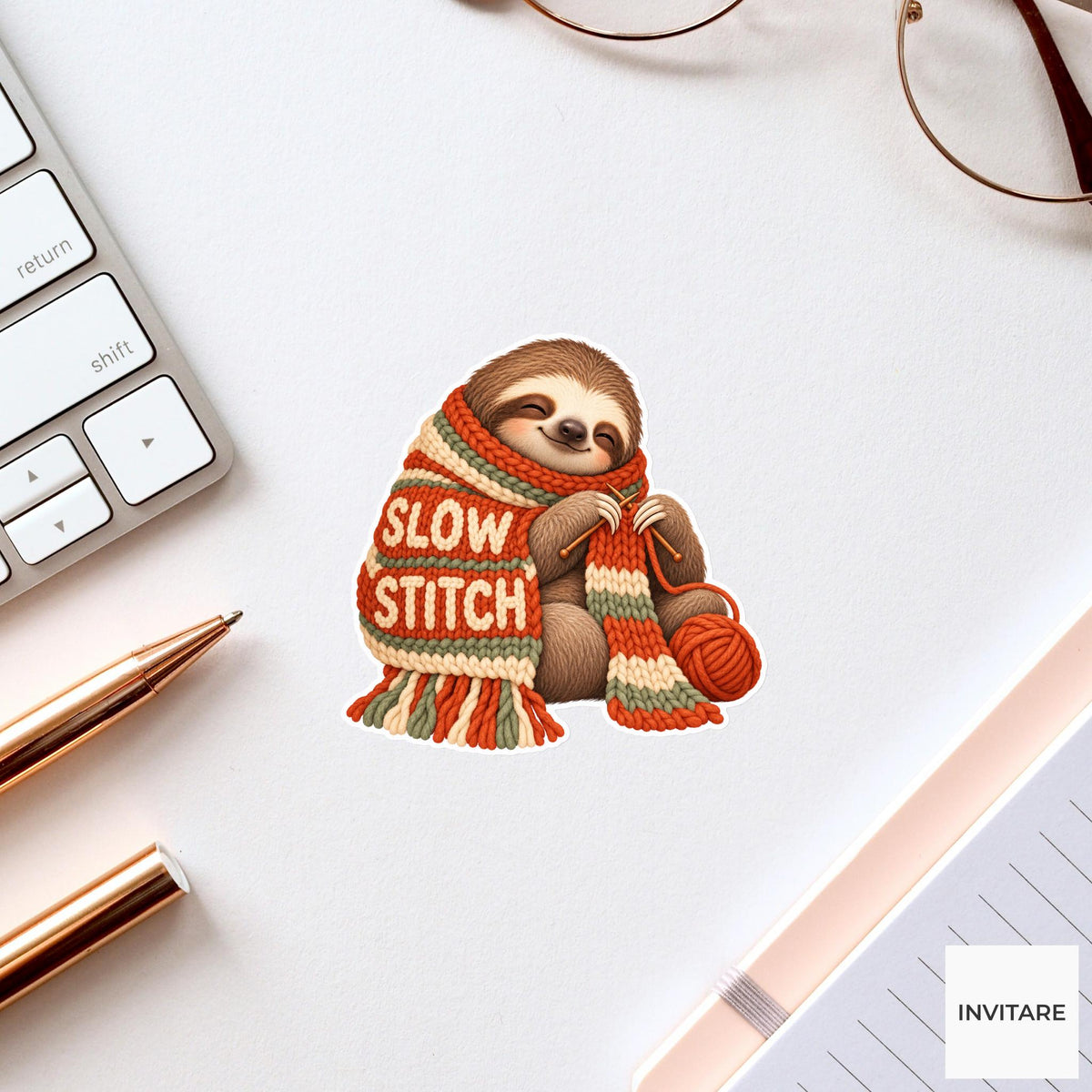 Sloth Cozy Yarn Vinyl Sticker, Slow Stitch Cute Animal Illustration