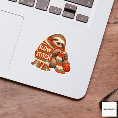 Sloth Cozy Yarn Vinyl Sticker, Slow Stitch Cute Animal Illustration