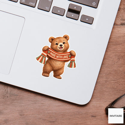 Bear Cozy Yarn Vinyl Sticker, Made With Love Cute Animal Illustration