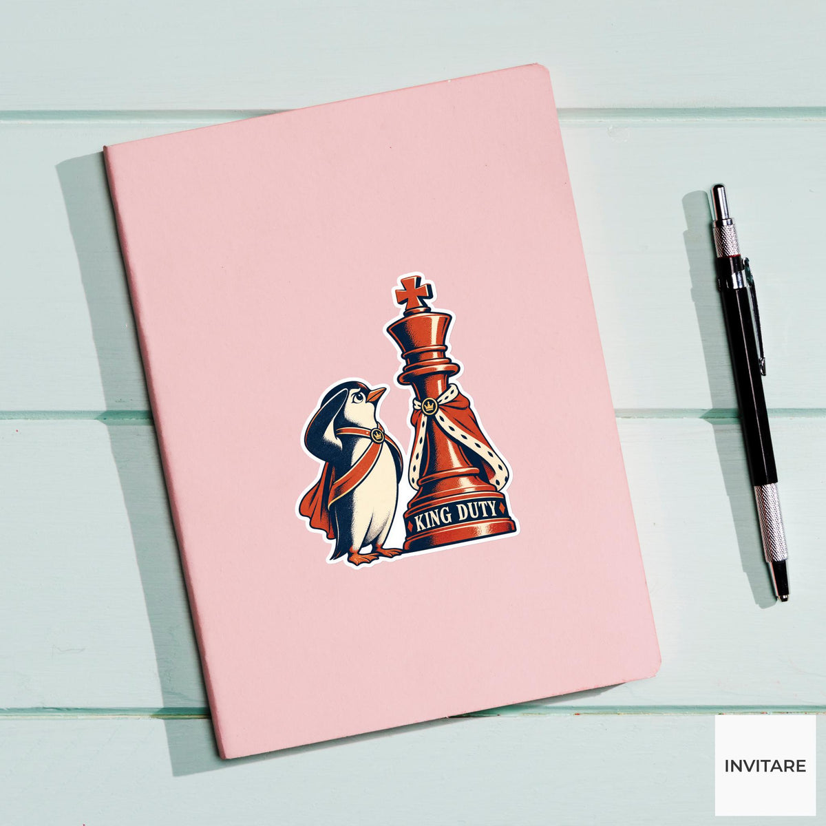 Penguin Chess Vinyl Sticker, King Duty Cute Animal Illustration