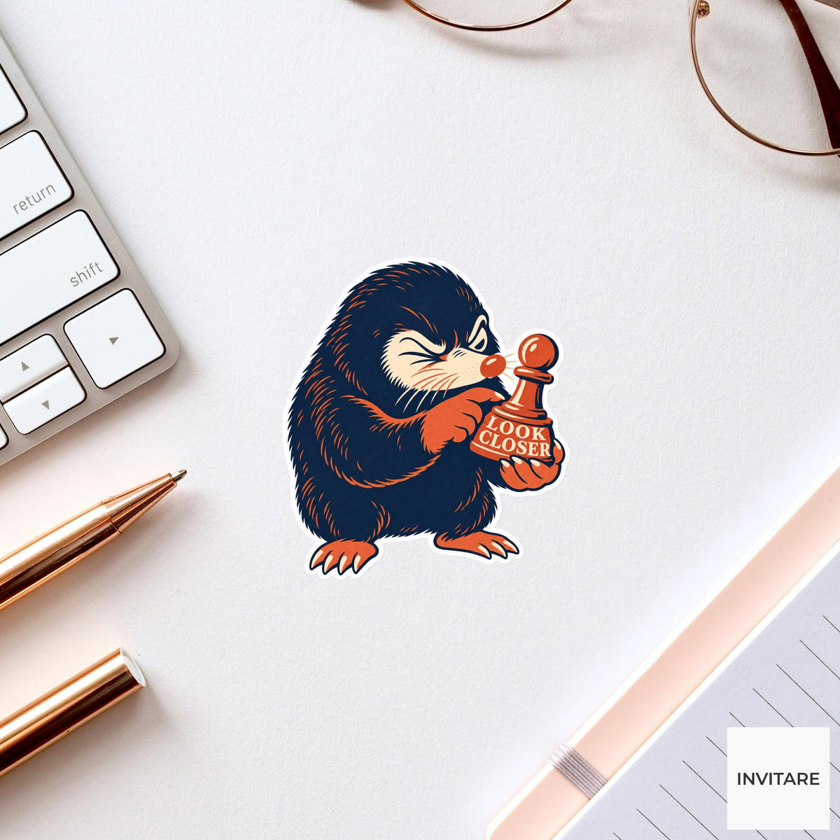 Mole Chess Vinyl Sticker, Look Closer Cute Animal Illustration