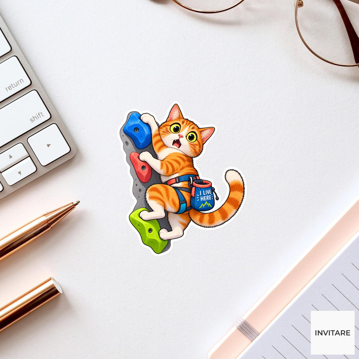 Cat Bouldering Vinyl Sticker, I Live Here Cute Animal Illustration