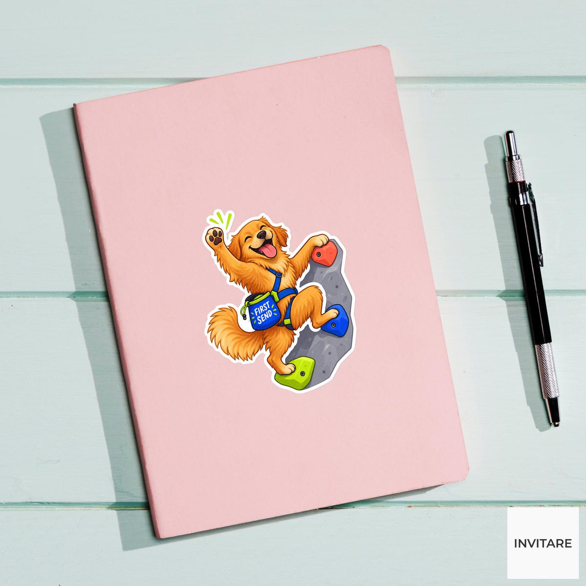 Dog Bouldering Vinyl Sticker, First Send Cute Animal Illustration
