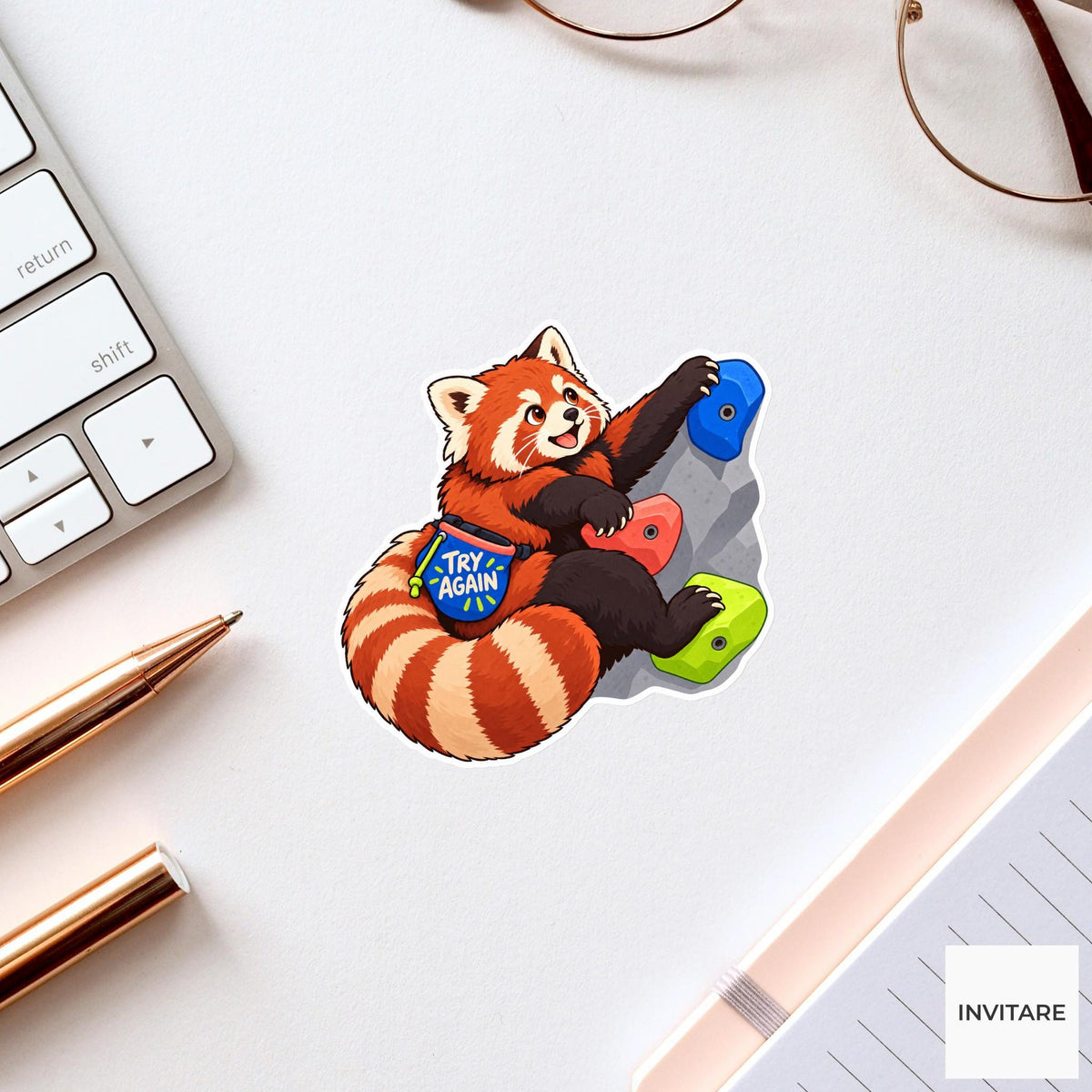 Red panda Bouldering Vinyl Sticker, Try Again Cute Animal Illustration