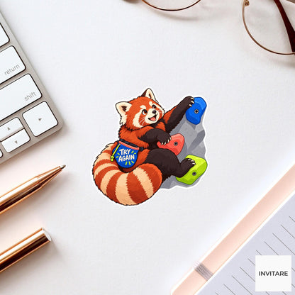 Red panda Bouldering Vinyl Sticker, Try Again Cute Animal Illustration