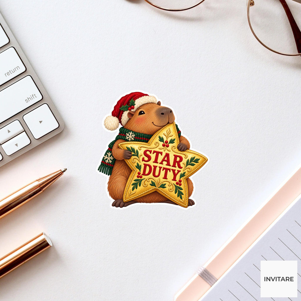 Capybara Christmas Star Vinyl Sticker, Star Duty Cute Animal Illustration