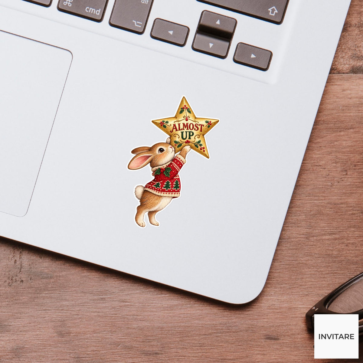 Rabbit Christmas Star Vinyl Sticker, Almost Up Cute Animal Illustration