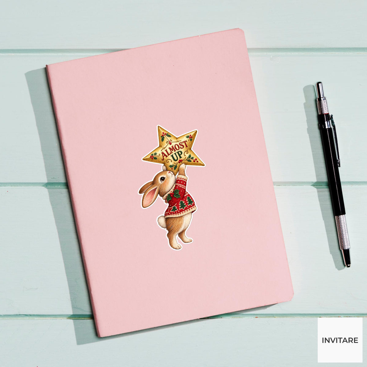 Rabbit Christmas Star Vinyl Sticker, Almost Up Cute Animal Illustration