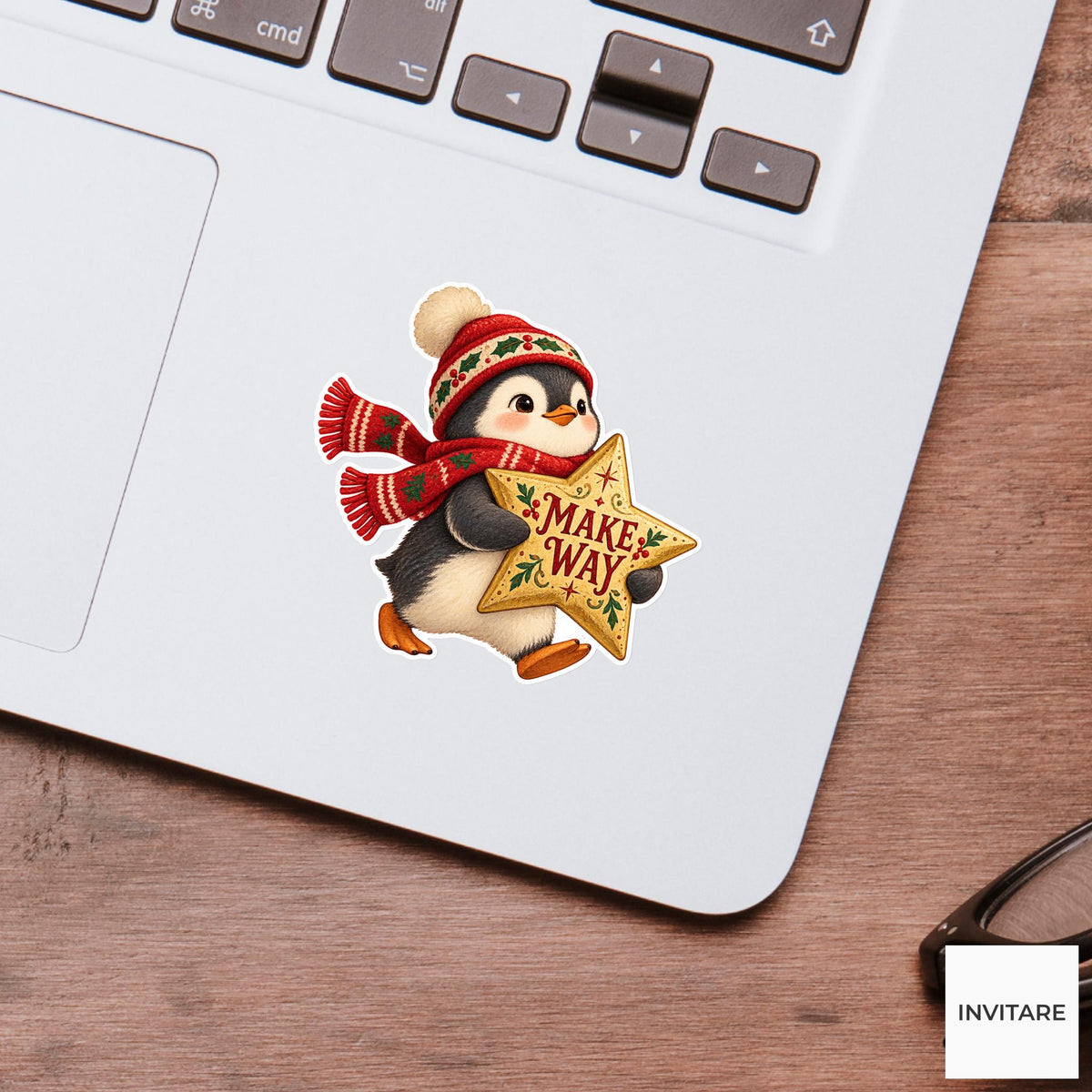 Penguin Christmas Star Vinyl Sticker, Make Way Cute Animal Illustration