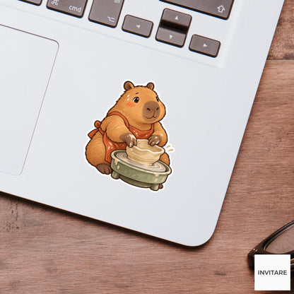 Capybara Pottery Wheel Vinyl Sticker, Cute Animal Making a Wonky Bowl, Ceramic Artist Gift