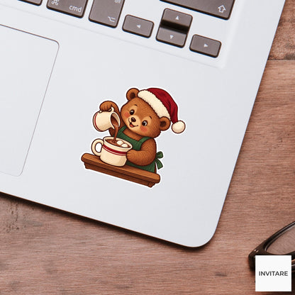 Bear cub Pouring Christmas Hot Cocoa Vinyl Sticker, Christmas Cocoa Shop
