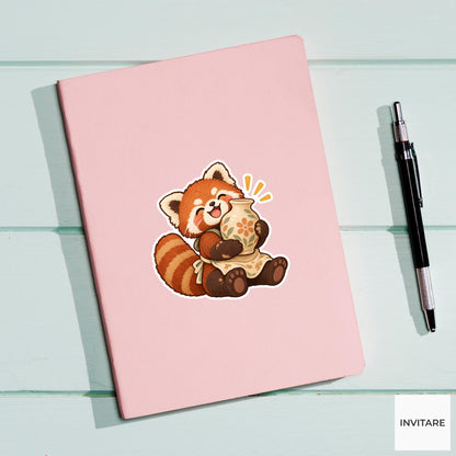Red panda Proudly Holding a First Vase Vinyl Sticker, Pottery Class Animal