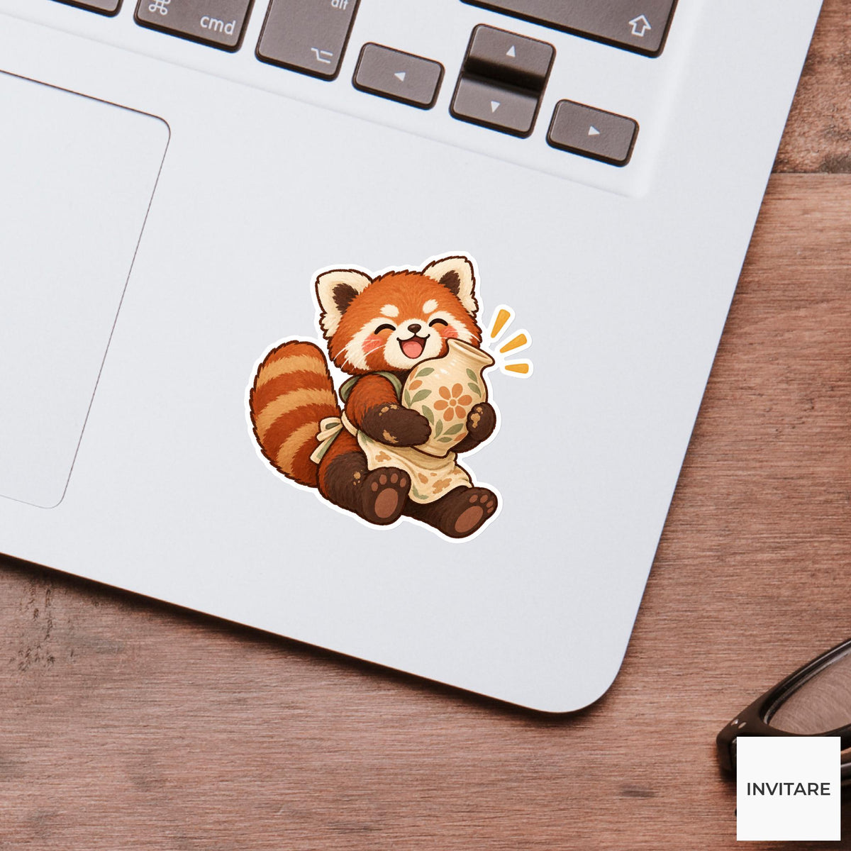 Red panda Proudly Holding a First Vase Vinyl Sticker, Pottery Class Animal