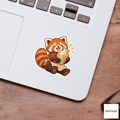 Red panda Proudly Holding a First Vase Vinyl Sticker, Pottery Class Animal