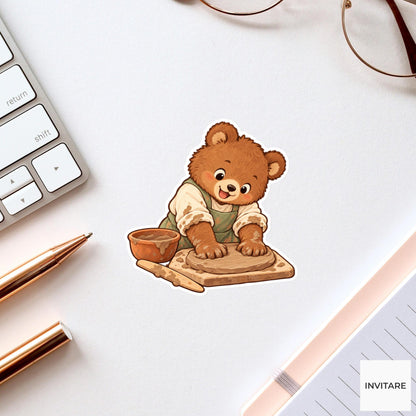 Bear cub Flattening a Clay Slab Vinyl Sticker, Pottery Class Animal