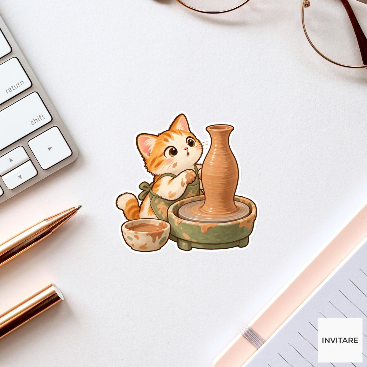 Cat Throwing a Tall Clay Vase Vinyl Sticker, Pottery Class Animal