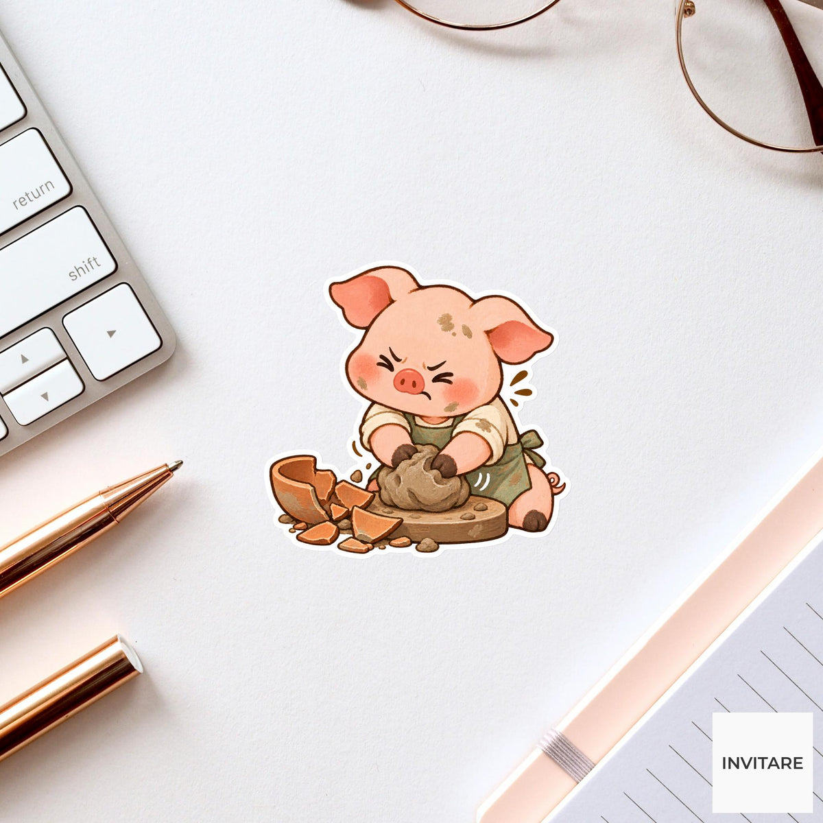 Piglet Starting Over with a Collapsed Bowl Vinyl Sticker, Pottery Class Animal