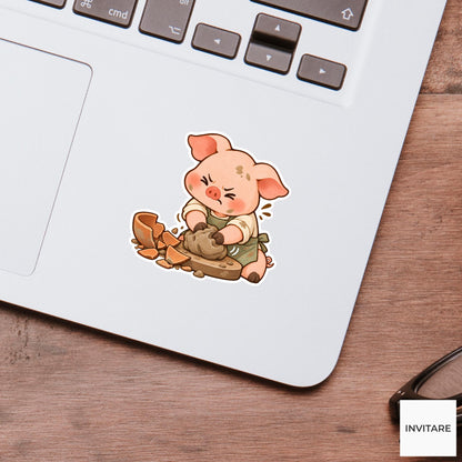 Piglet Starting Over with a Collapsed Bowl Vinyl Sticker, Pottery Class Animal