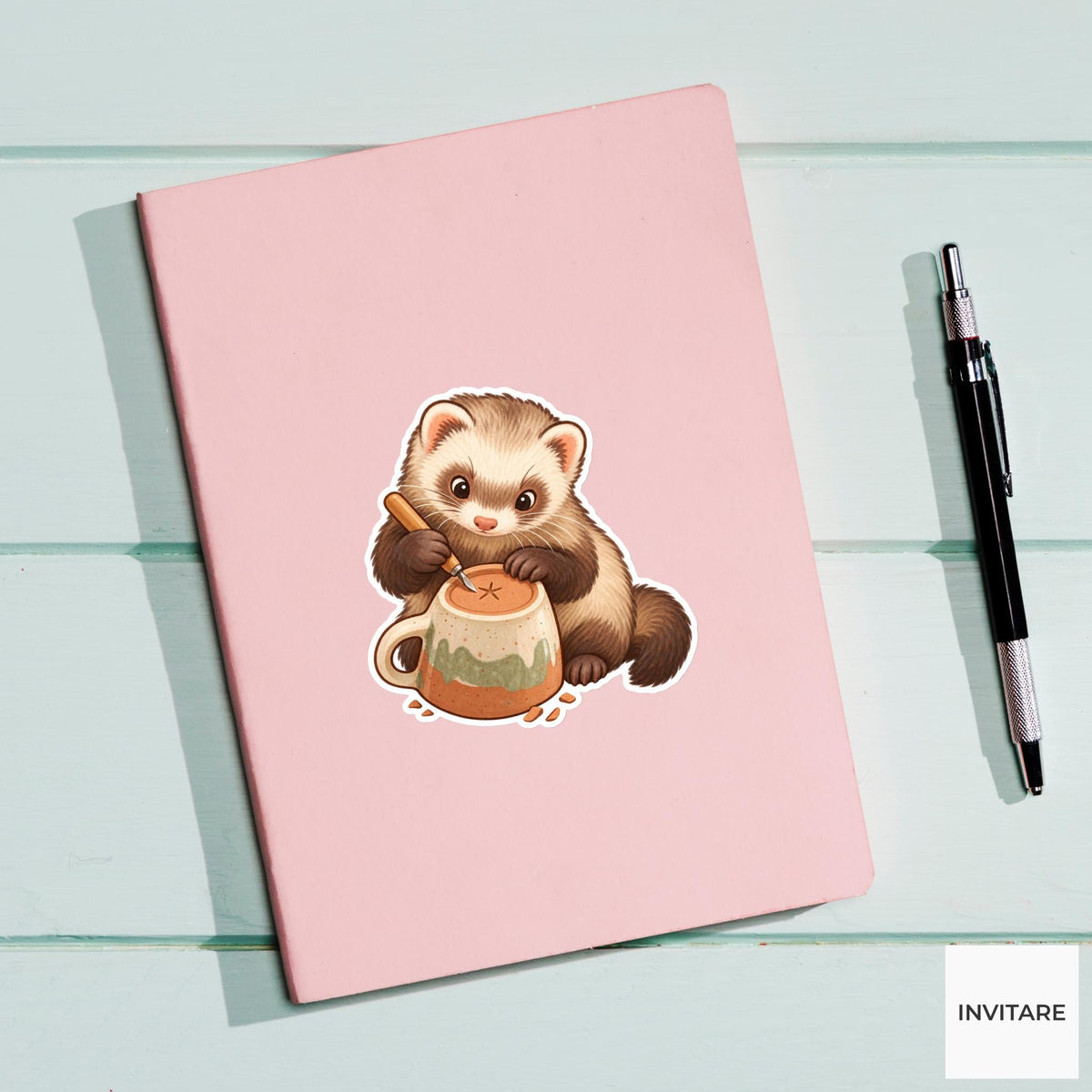 Ferret Carving a Star under a Cup Vinyl Sticker, Pottery Class Animal