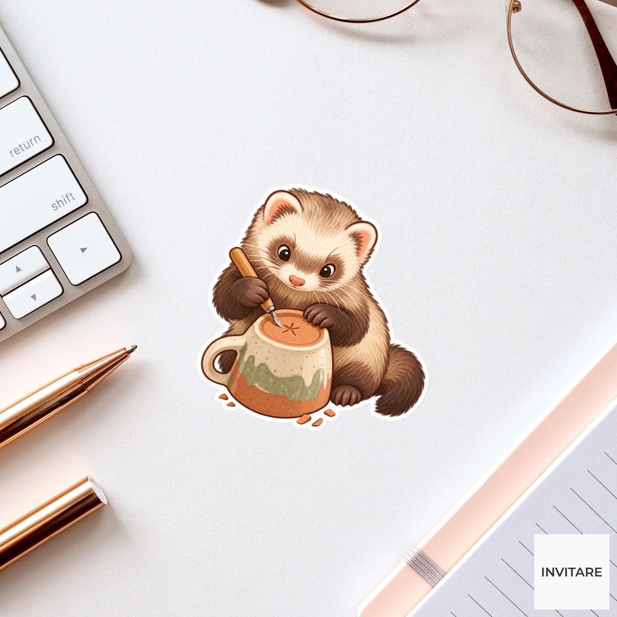 Ferret Carving a Star under a Cup Vinyl Sticker, Pottery Class Animal