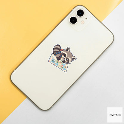 Raccoon Drawing a Postcard Travel Map Vinyl Sticker, Pen Pal Club Animal
