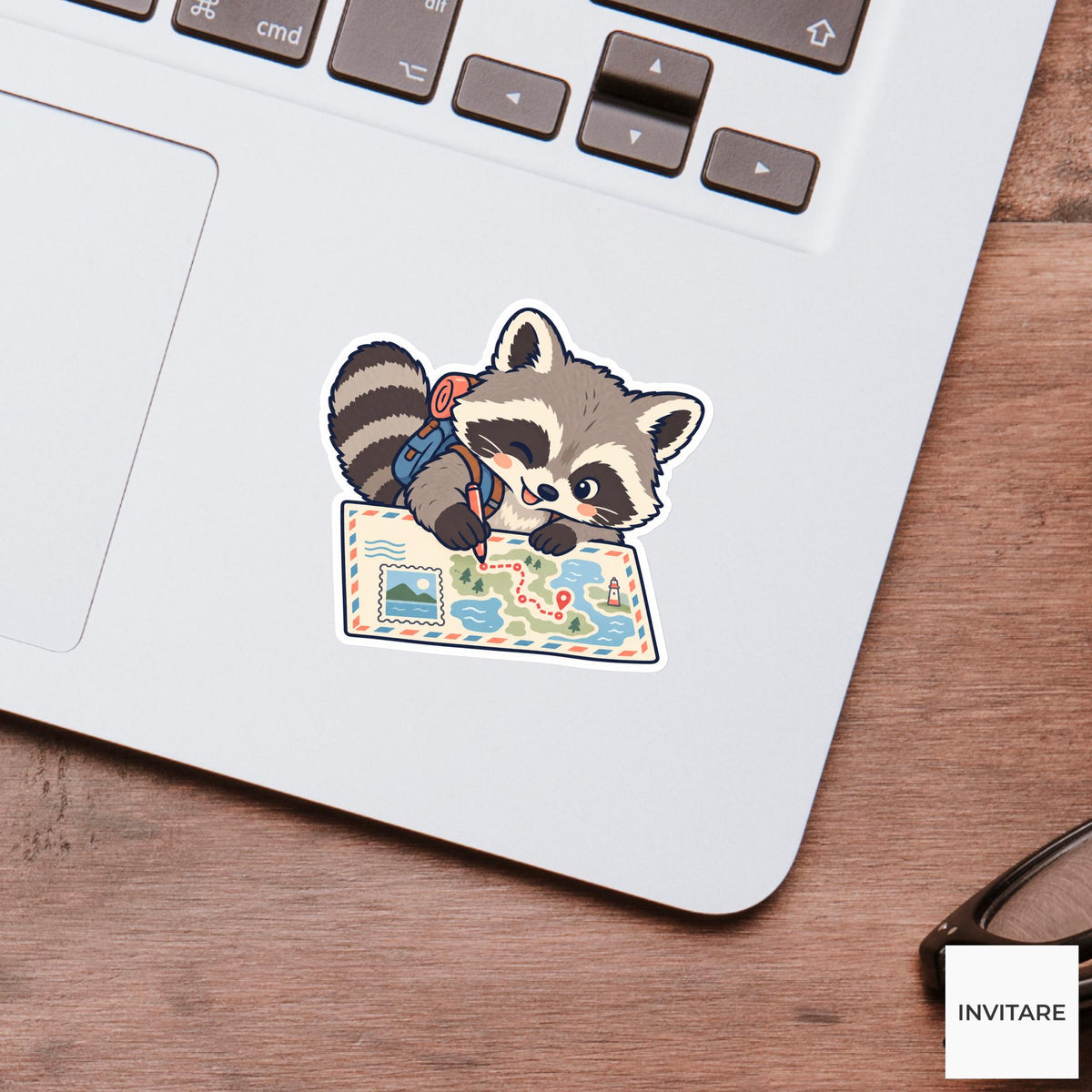 Raccoon Drawing a Postcard Travel Map Vinyl Sticker, Pen Pal Club Animal